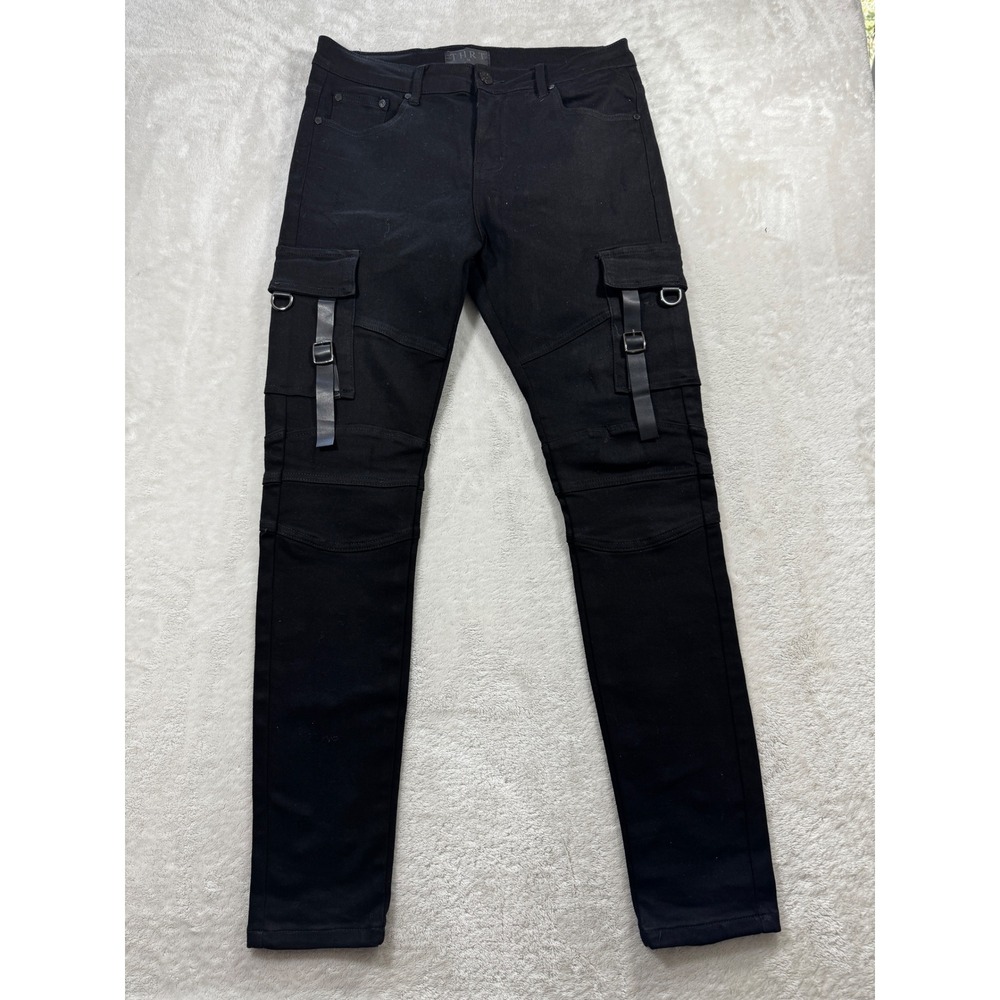 THRT Mens Cargo Biker Buckle Straps Black Jeans 34 Meas: 33x33